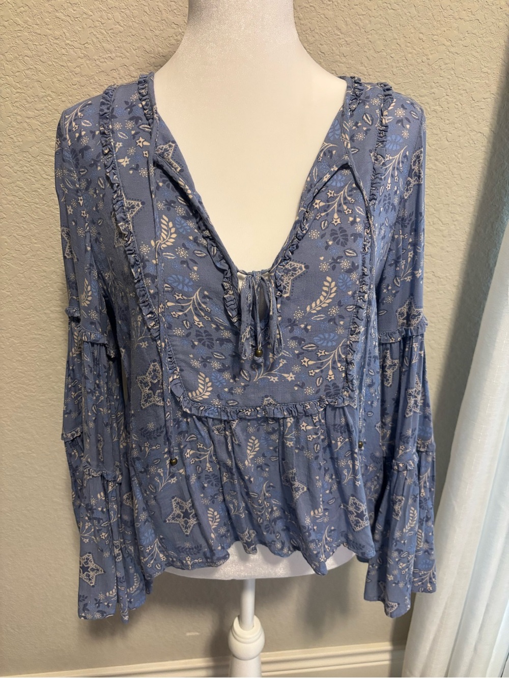 Spell Dusty Blue Floral Tie-Neck Peasant Top